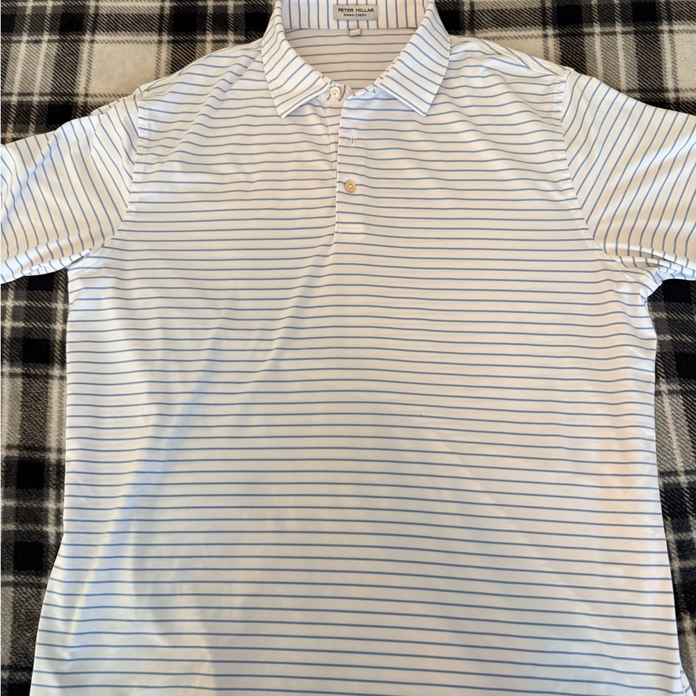 Peter Millar White and Blue Striped Polo Shirt